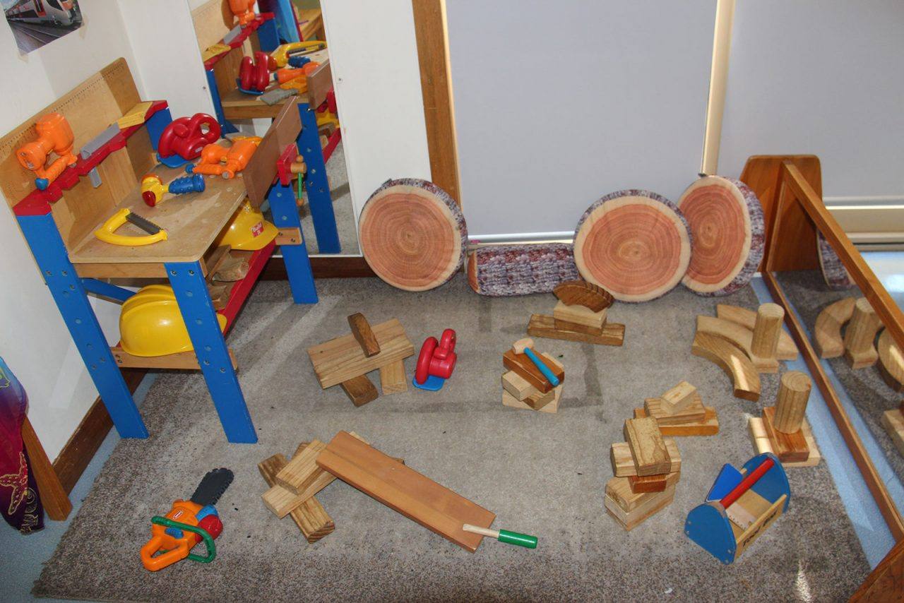 A construction and building corner in the Joeys Room, with wooden blocks