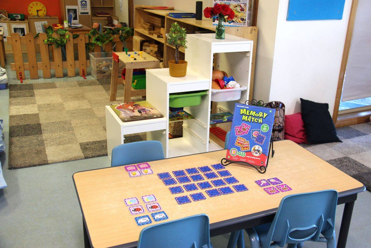 A memory matching game set up on a table in the Jungle Room